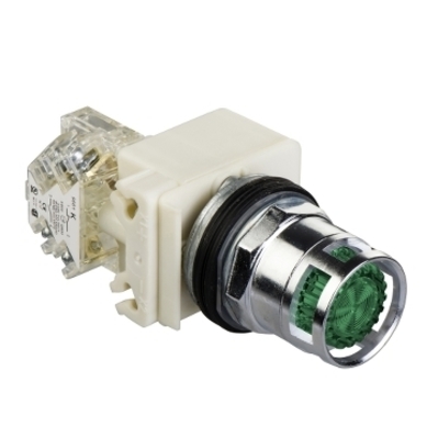 Square D by Schneider Electric 9001K3L35G Schneider Electric / Square D 9001K3L35G Harmony&trade; Extended Illuminated Pushbutton Operator; 30 mm Mounting Hole, Momentary, Chromium Plated Metal Bezel, Green
